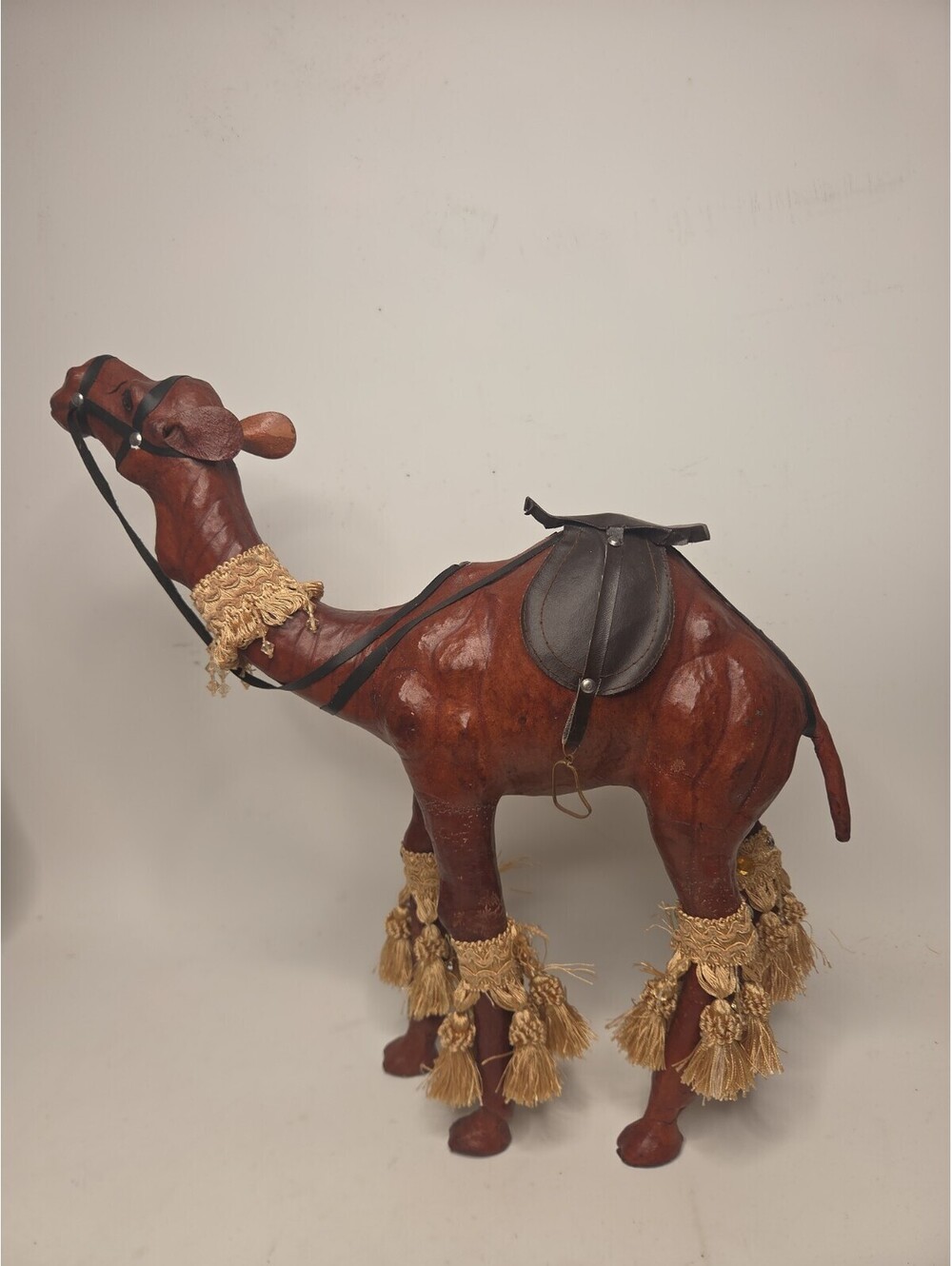 Large Vintage Handcrafted Leather Wrapped Camel Figurine with Saddle Tassels